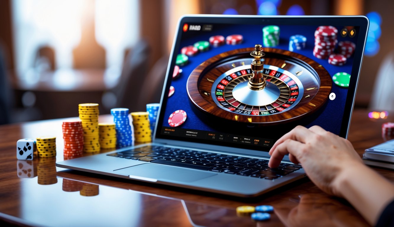 Seseorang bermain roulette online di laptop dengan tumpukan chip di meja kayu, suasana kasino yang modern.