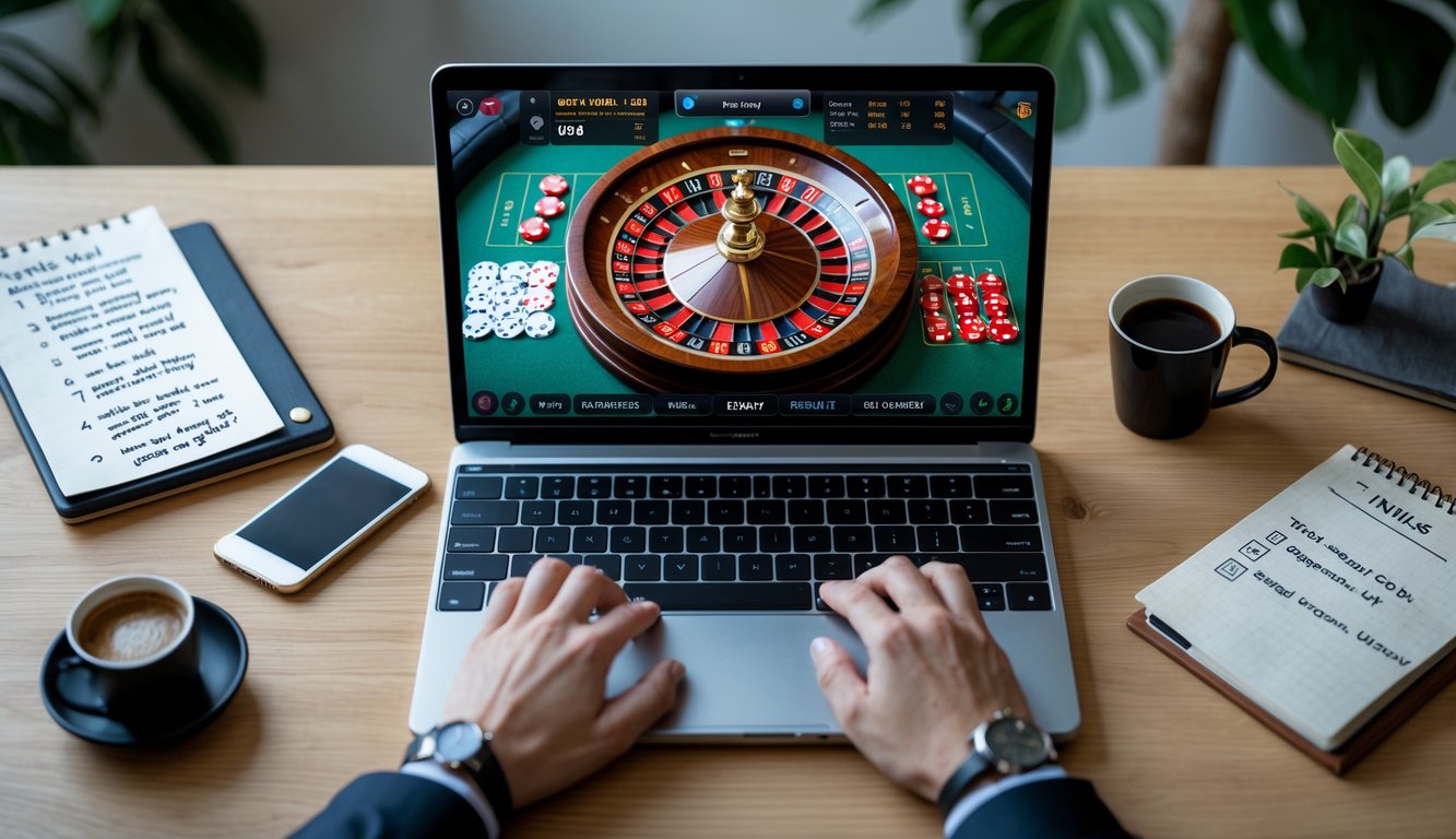 Seseorang sedang bermain roulette online di laptop dengan meja taruhan dan roda roulette terlihat, di meja terdapat ponsel, buku catatan, dan cangkir kopi.