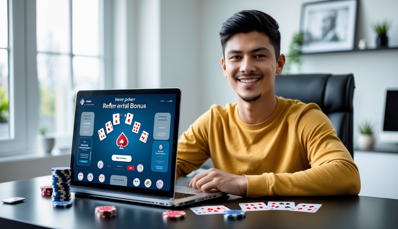 Seorang dewasa muda duduk di meja dengan laptop yang menampilkan permainan poker, dikelilingi chip poker dan kartu bermain, menunjukkan suasana pencapaian bonus referral poker online.
