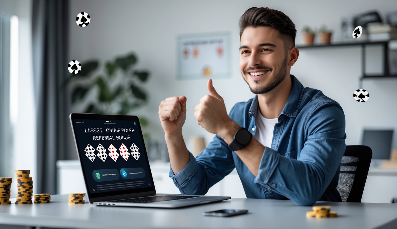 Seorang pria muda duduk di depan laptop dengan tampilan permainan poker online, tersenyum di ruang kerja modern.
