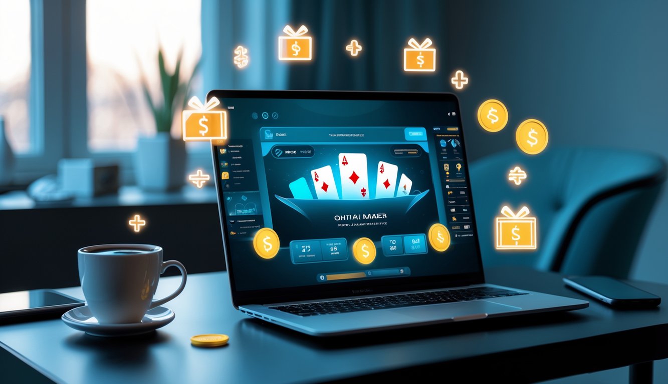 Seorang pemain poker online menggunakan laptop dengan tampilan kartu dan chip digital, di meja kerja yang rapi dengan suasana nyaman.