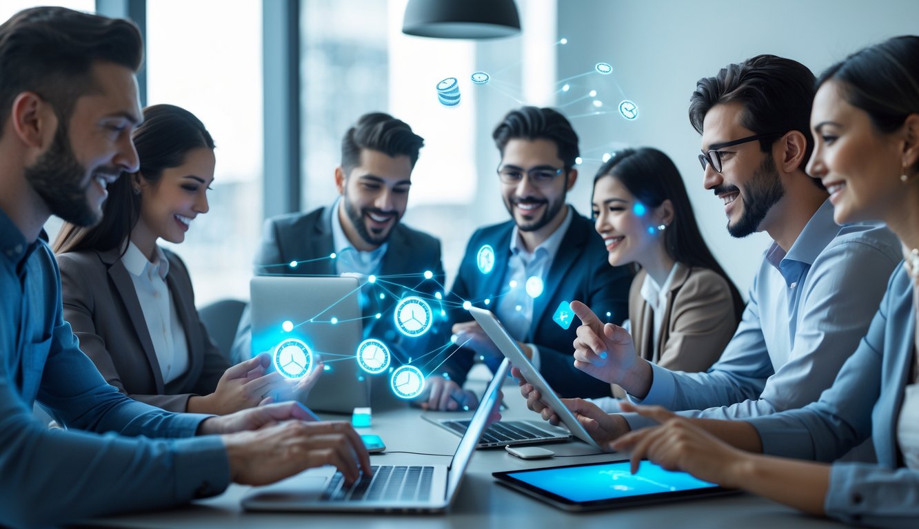 Sekelompok orang menggunakan perangkat digital untuk bermain poker online dan berinteraksi dengan program bonus referral.