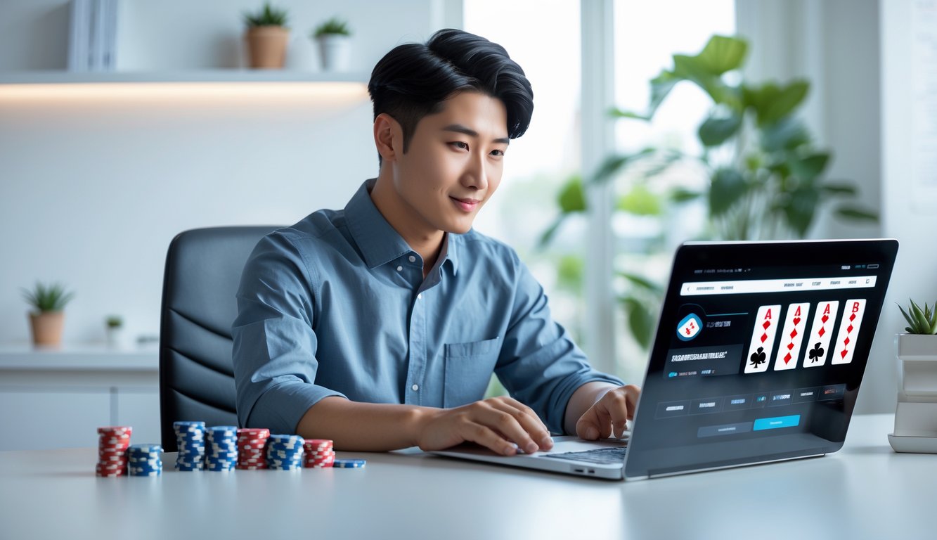 Seorang pria muda duduk di meja dengan laptop yang menampilkan permainan poker online, dikelilingi chip dan kartu remi di ruang kerja yang rapi.