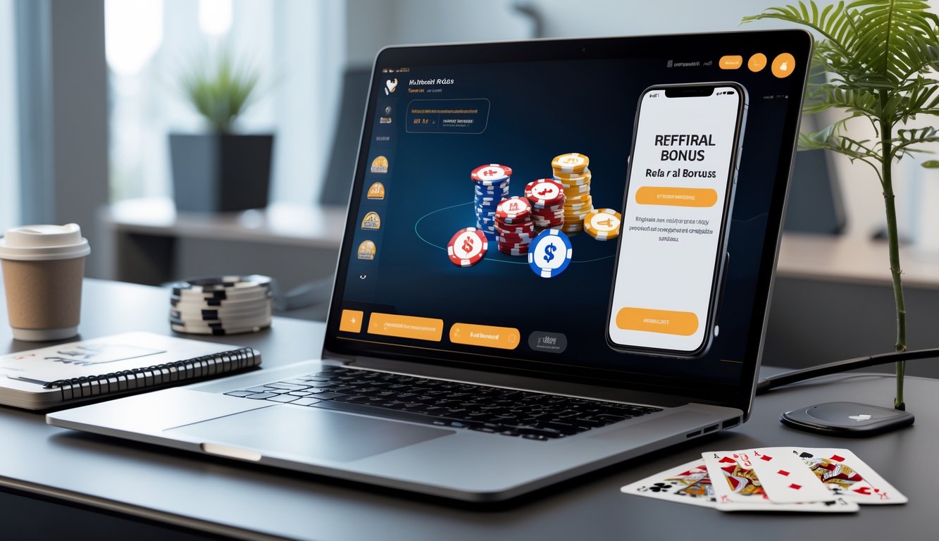 Meja kerja dengan laptop yang menampilkan permainan poker online, ponsel dengan notifikasi bonus referral, chip poker, kartu bermain, dan alat tulis di lingkungan kantor yang rapi.