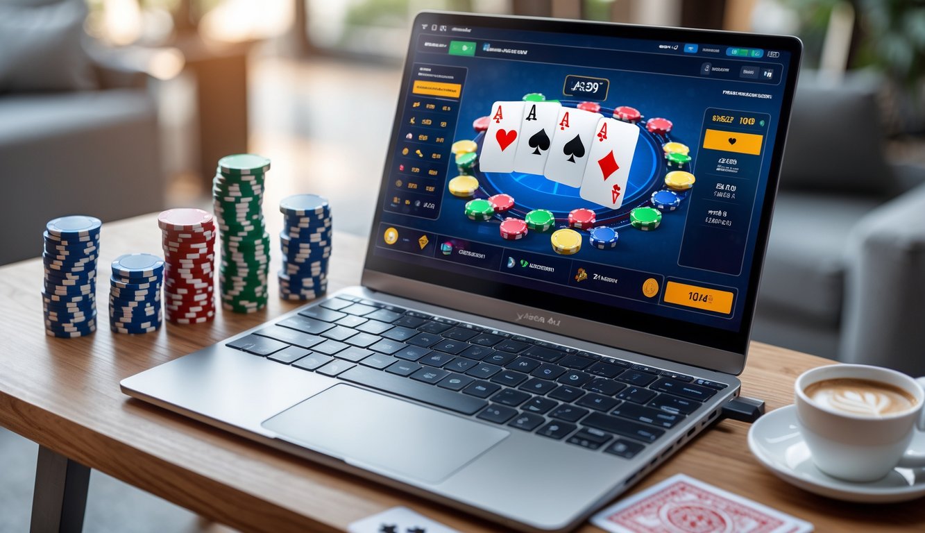 Seorang pemain poker online sedang bermain di depan komputer dengan chip poker dan kartu di meja kayu.