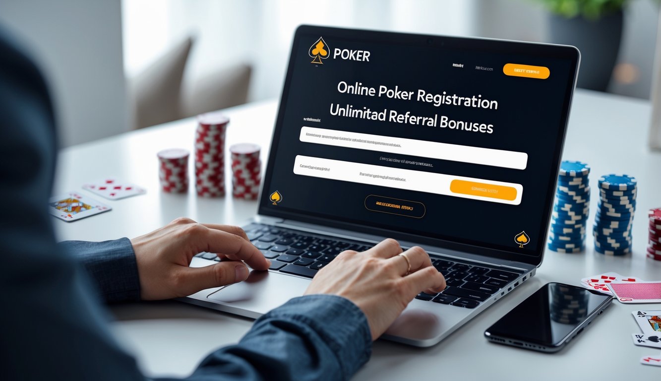 Seseorang sedang mendaftar poker online menggunakan laptop dengan chip poker dan kartu bermain di meja.