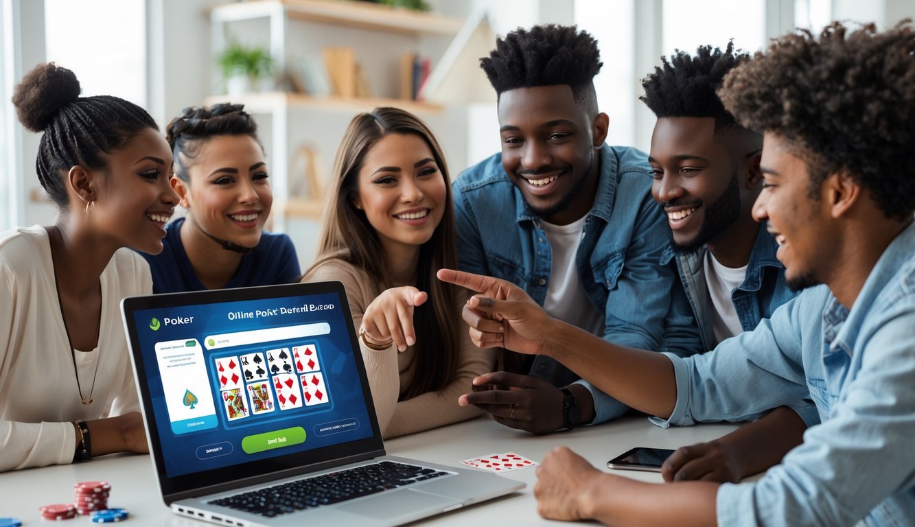 Sekelompok orang muda berkumpul di sekitar laptop yang menampilkan permainan poker, saling berdiskusi dengan antusias di ruangan yang nyaman.