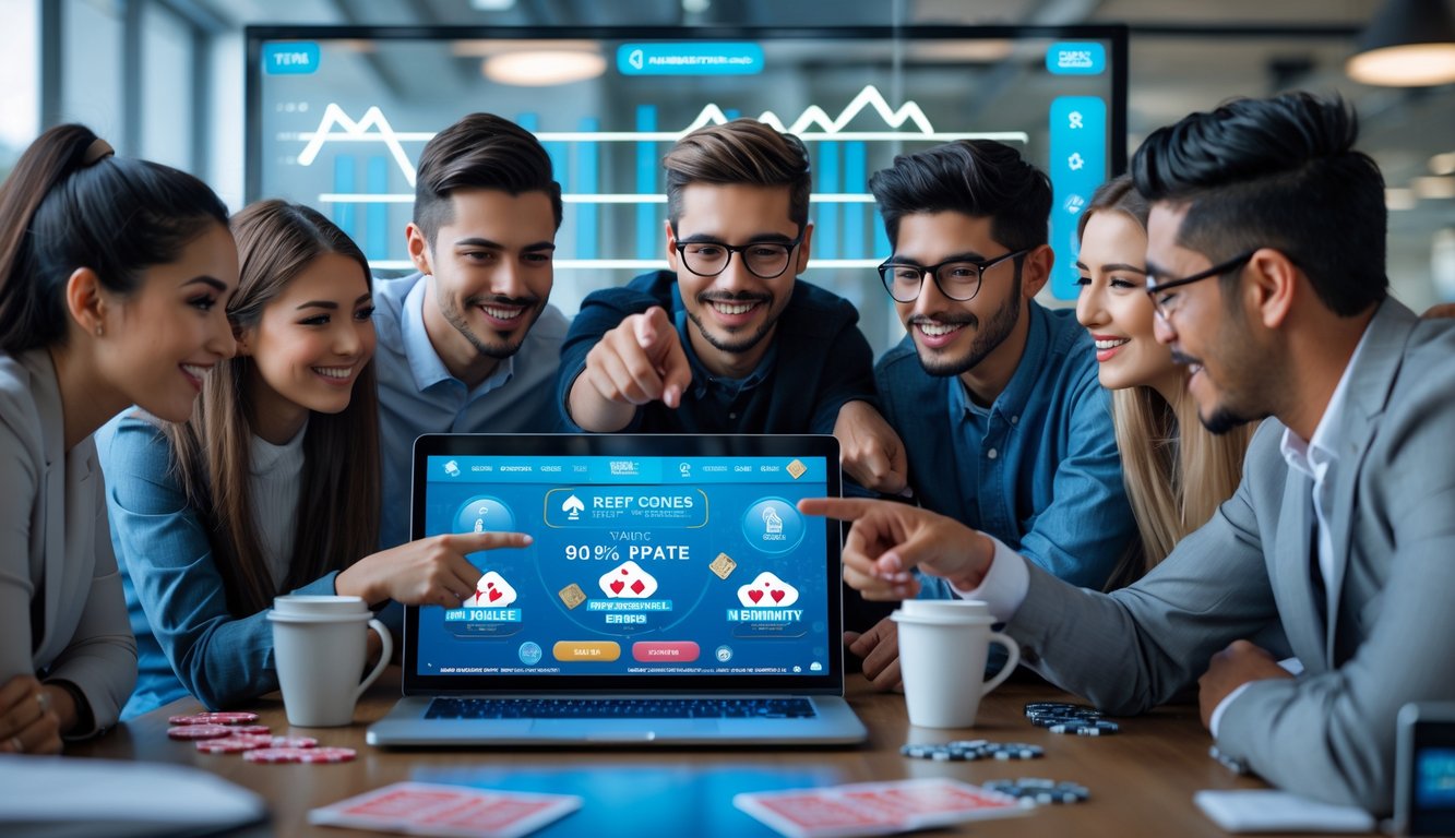 Sekelompok orang muda sedang berdiskusi di depan laptop dengan permainan poker online di layar, di sebuah kantor modern.