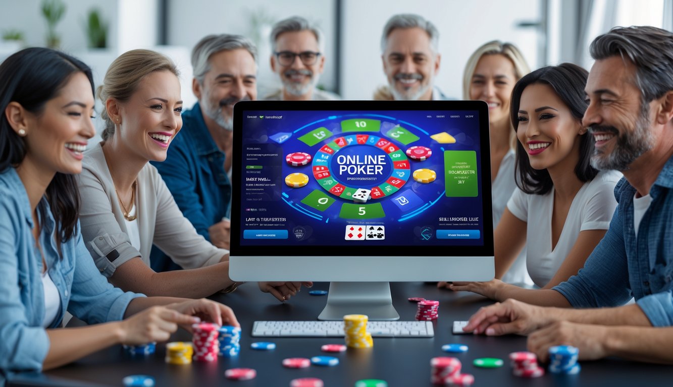 Beberapa orang dewasa bermain poker online di depan komputer di ruangan yang terang dan modern.