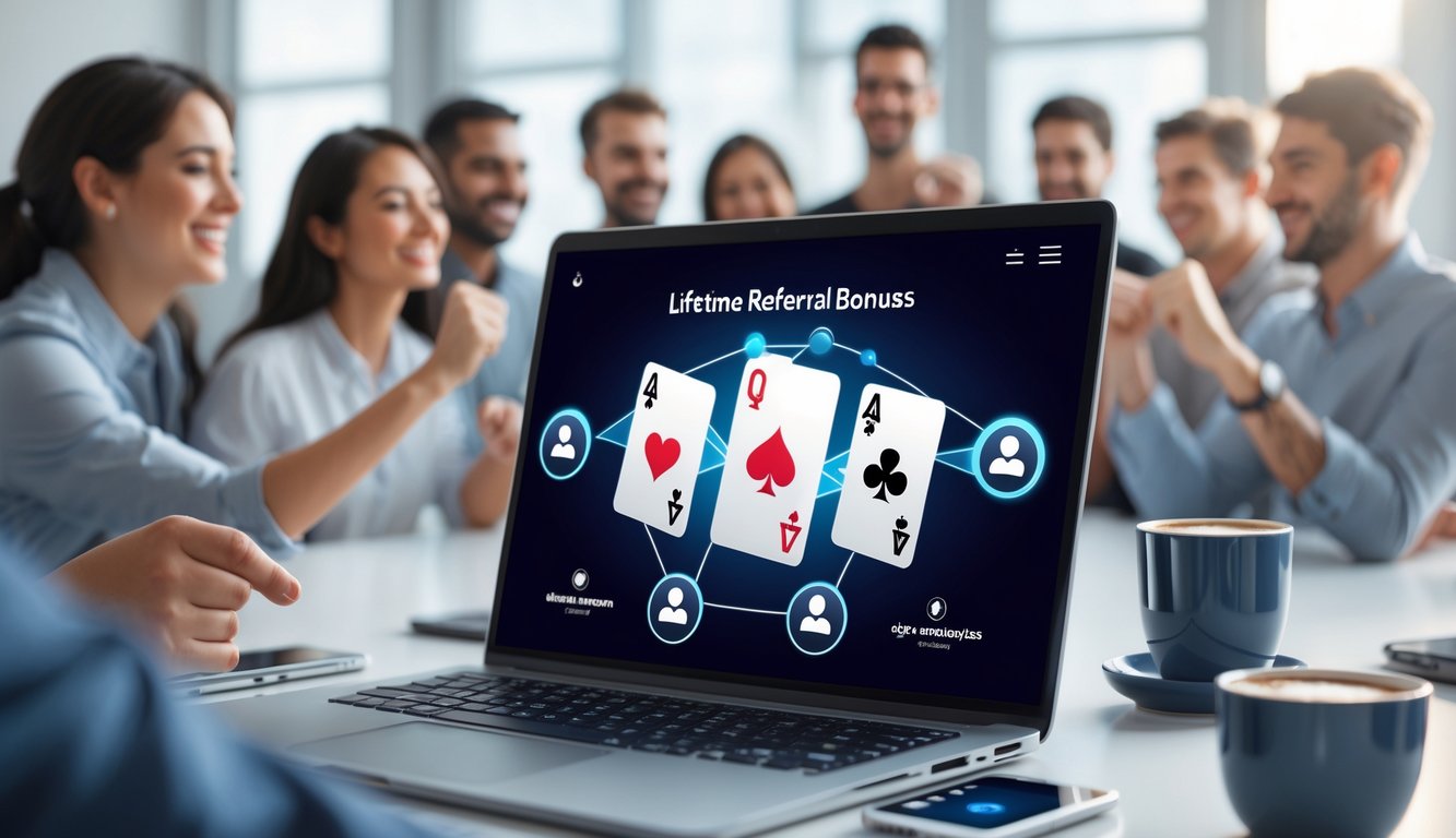 Orang-orang menggunakan perangkat digital dengan kartu poker dan chip di layar, menunjukkan suasana promosi poker online dengan bonus referral seumur hidup.