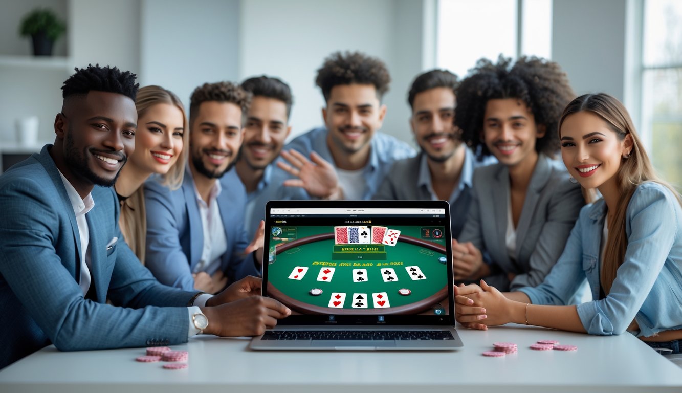 Sekelompok orang tersenyum mengelilingi perangkat digital yang menampilkan permainan poker online dengan kartu dan chip poker di layar.