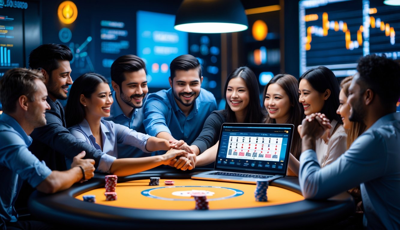 Sekelompok orang bermain poker online di meja digital dengan suasana ceria dan ramah, menunjukkan kerja sama dan keuntungan bersama.