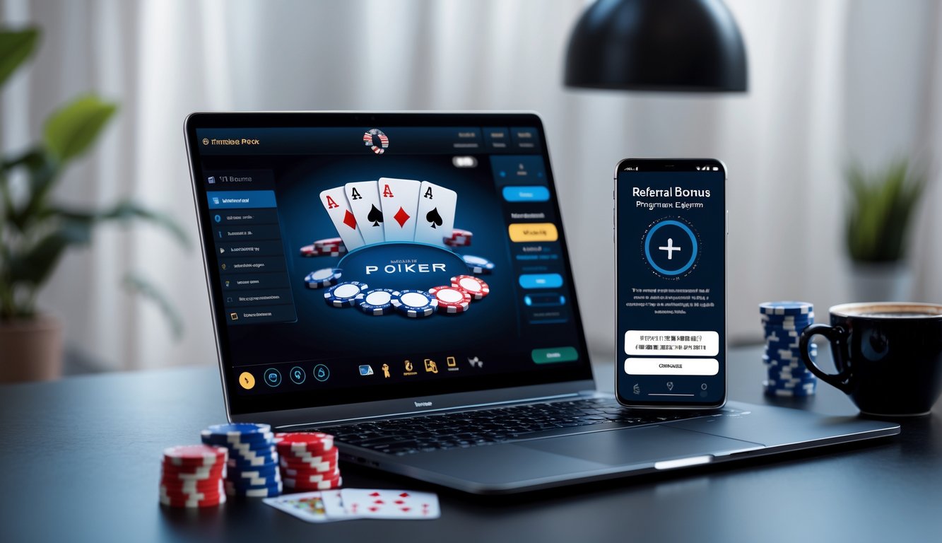 Meja kerja dengan laptop menampilkan permainan poker online, ponsel dengan notifikasi program bonus referral, dan perlengkapan poker seperti chip dan kartu.
