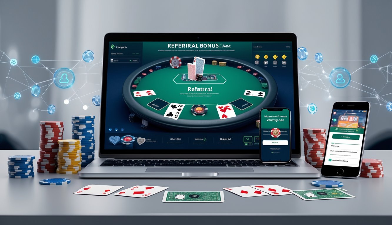 Meja kerja dengan laptop yang menampilkan permainan poker online, tumpukan chip poker, kartu remi, dan ponsel yang menunjukkan program bonus referral.