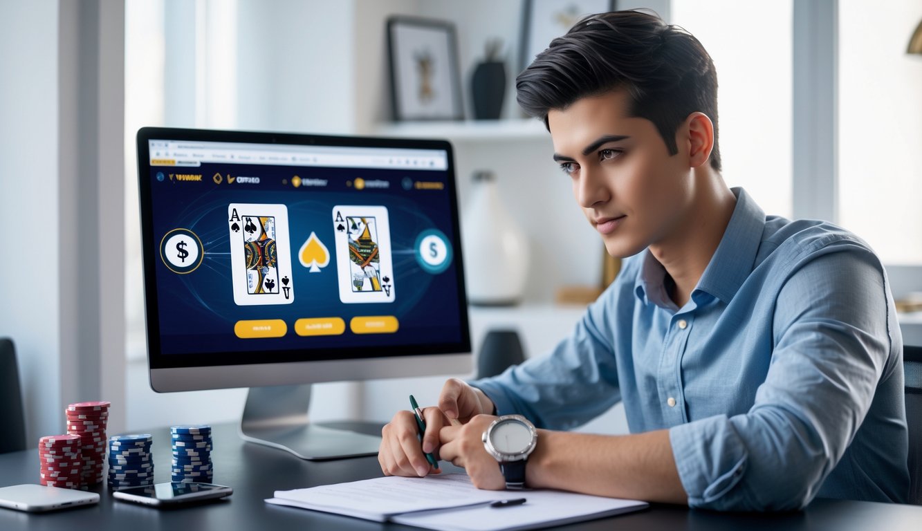 Seorang dewasa muda duduk di meja dengan laptop dan kartu poker, sedang menganalisis strategi dalam ruangan berlampu alami.