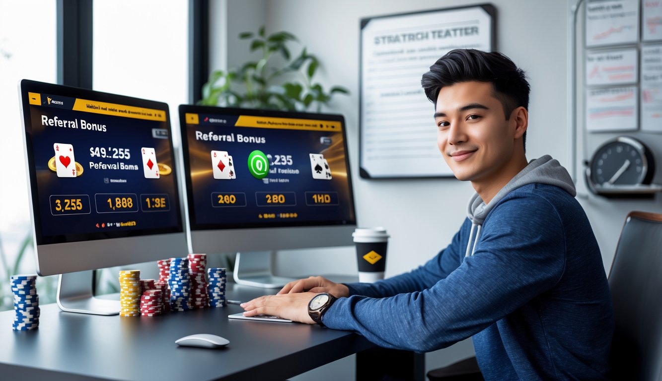 Seorang pria muda duduk di meja kerja dengan beberapa layar komputer yang menampilkan permainan poker online dan statistik bonus referral, di sebuah kantor rumah yang rapi.