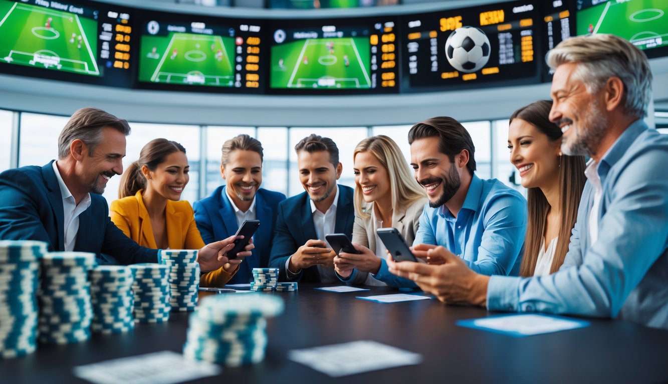 Sekelompok orang yang antusias sedang memasang taruhan sepak bola di lingkungan sportsbook modern dengan layar besar yang menampilkan pertandingan sepak bola secara langsung.