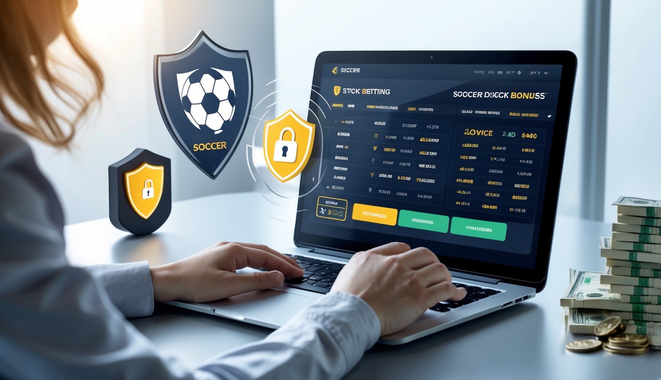 Seseorang menggunakan komputer dengan tampilan statistik taruhan bola dan simbol keamanan di sekitar perangkat.