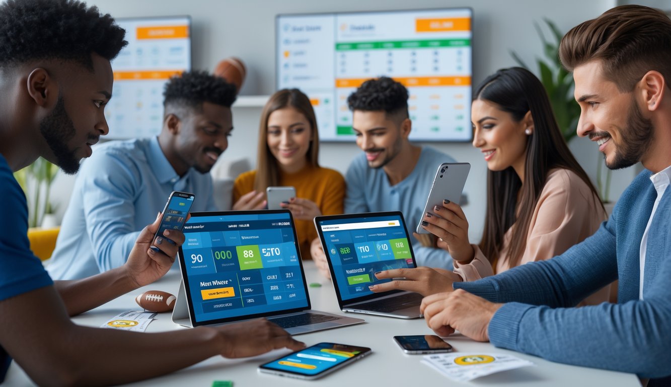 Beberapa orang muda menggunakan perangkat digital untuk memasang taruhan bola secara online dalam ruangan modern dan terang.