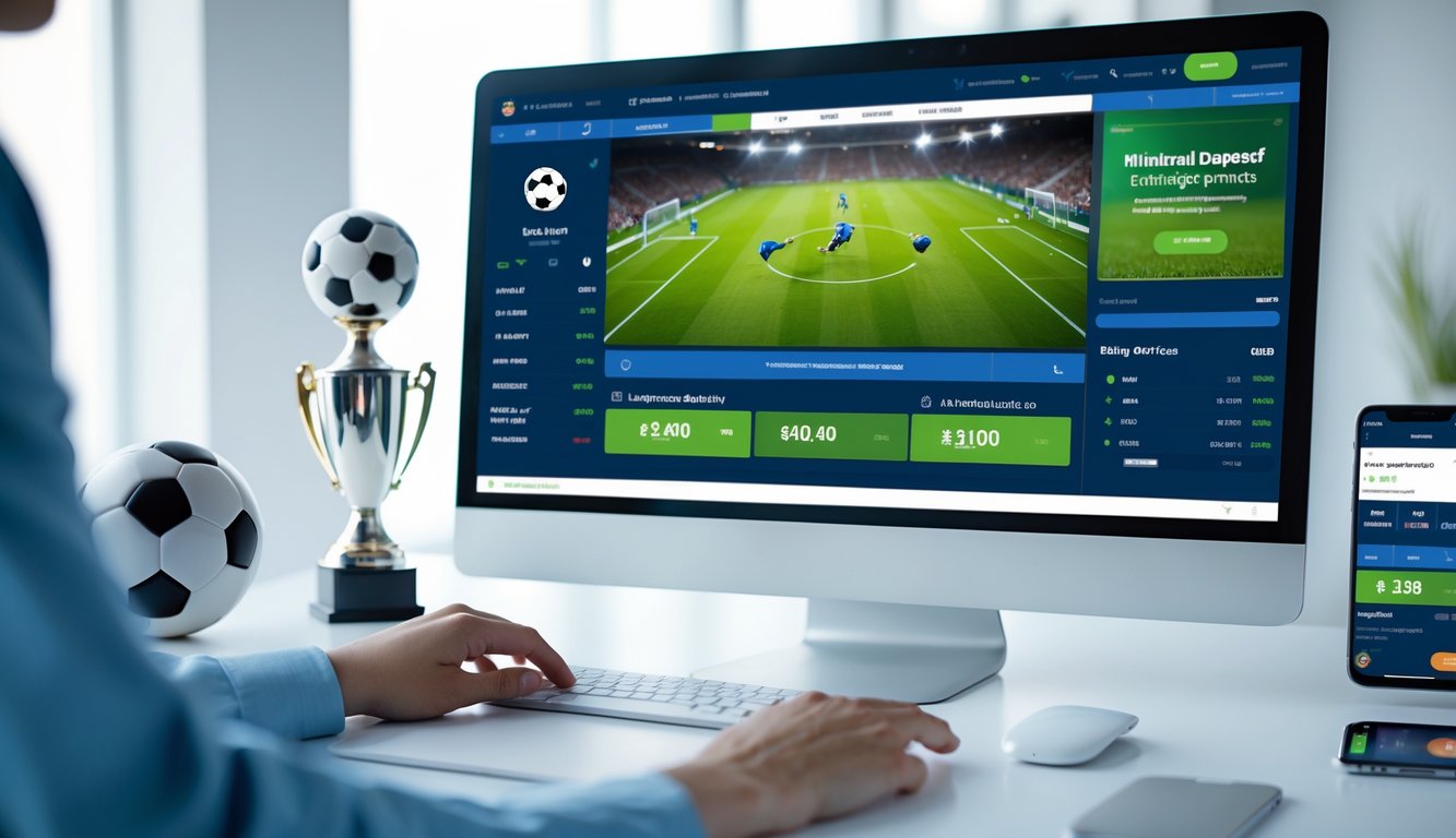 Sebuah meja kerja modern dengan komputer menampilkan pertandingan sepak bola dan elemen terkait taruhan bola.