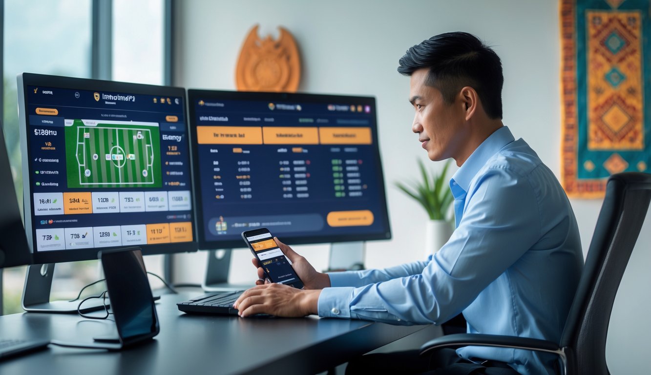 Seorang pria Asia Tenggara sedang menggunakan smartphone dan laptop di meja kantor dengan layar komputer menampilkan pertandingan sepak bola dan informasi taruhan.