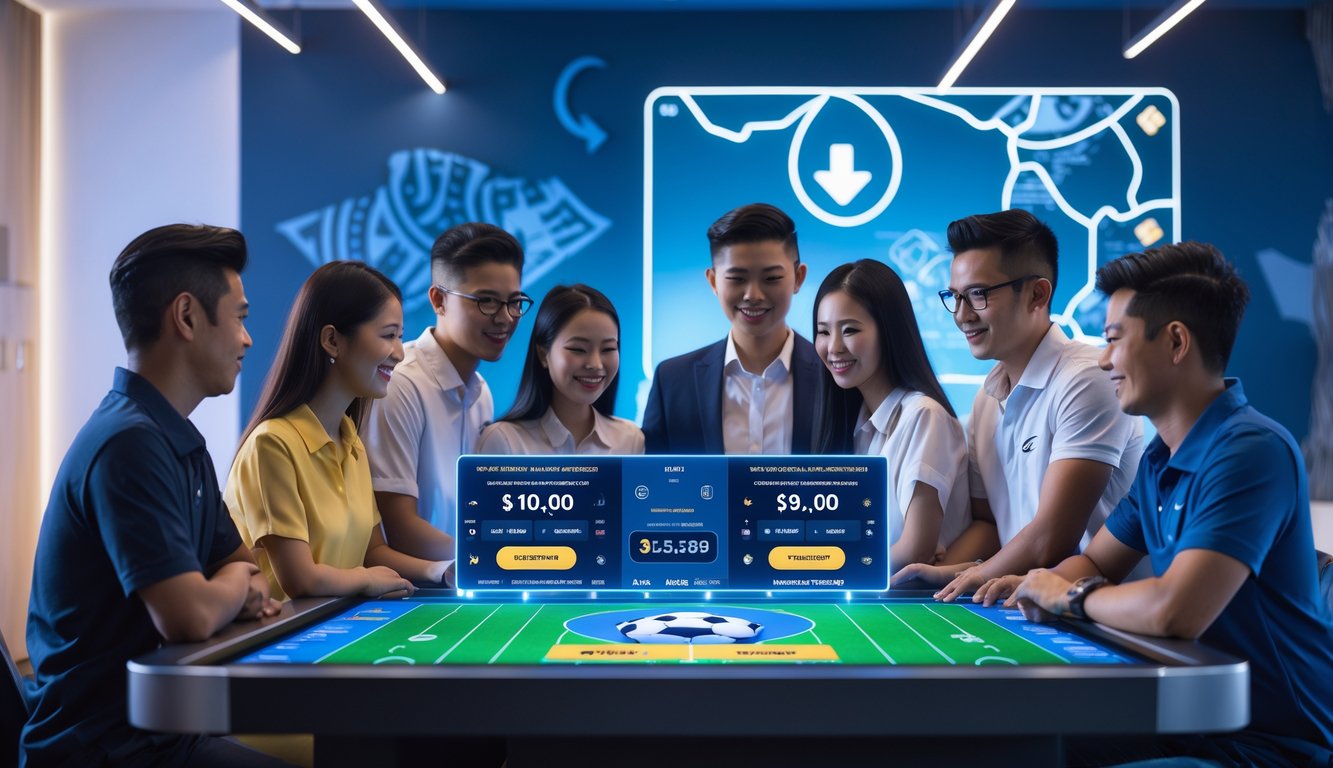 Sekelompok orang muda sedang menggunakan meja sentuh besar dengan tampilan taruhan bola dan notifikasi pembayaran cepat, dengan latar belakang elemen budaya Indonesia.