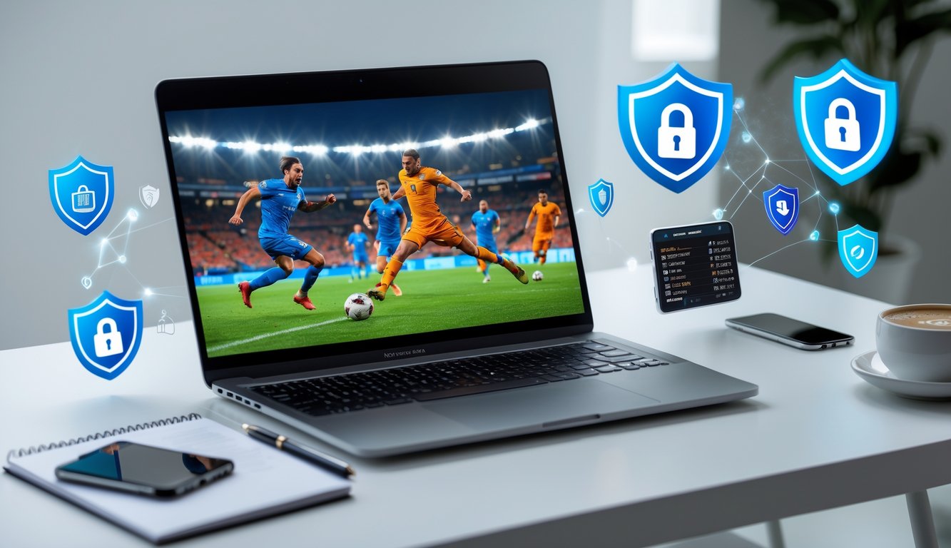 Seorang pria duduk di depan laptop yang menampilkan pertandingan sepak bola, dengan suasana kerja yang rapi dan elemen keamanan digital di sekitarnya.