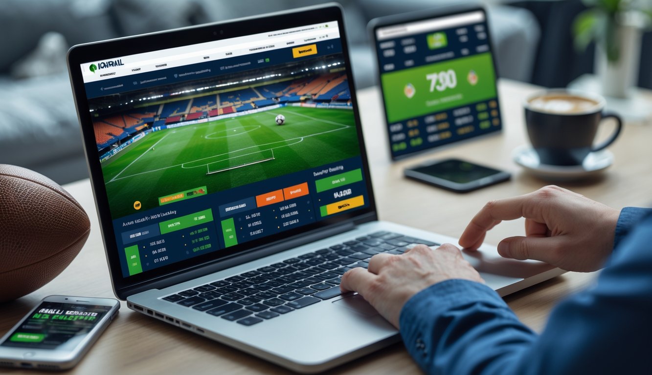 Seseorang menggunakan laptop di meja kerja dengan tampilan situs taruhan sepak bola online, dikelilingi bola sepak, ponsel, dan cangkir kopi.