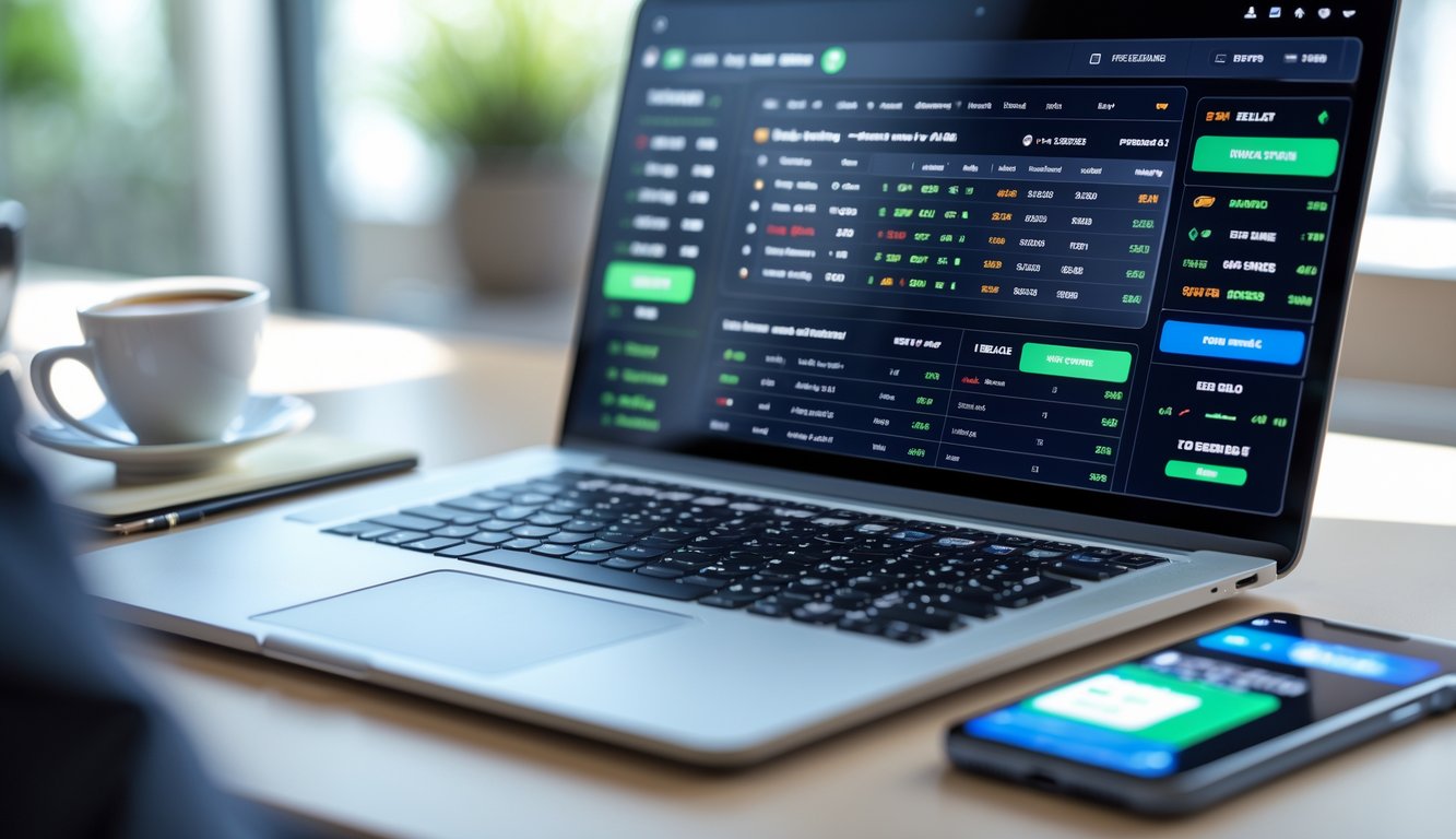 Seorang pengguna sedang melihat layar komputer dengan tampilan situs taruhan olahraga online, di meja terdapat ponsel, secangkir kopi, dan buku catatan.