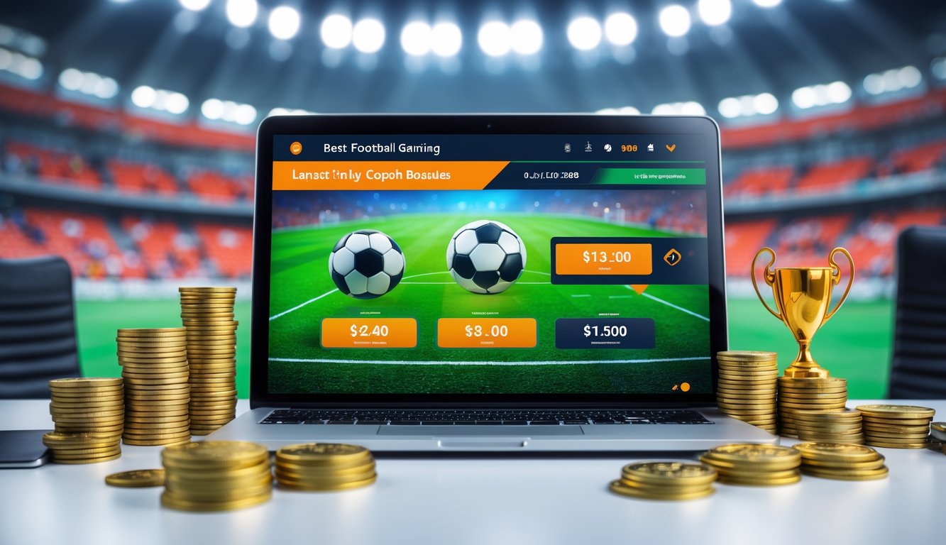 Seorang pengguna menggunakan laptop dengan tampilan platform taruhan bola, dikelilingi oleh tumpukan koin dan trofi di meja kerja yang terang.