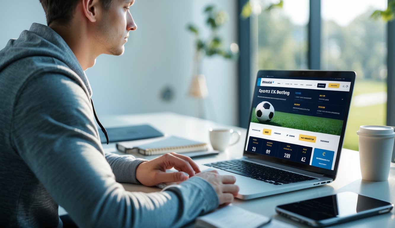 Seorang pria muda duduk di meja dengan laptop terbuka, melihat situs judi bola dengan latar jendela besar dan pencahayaan alami.