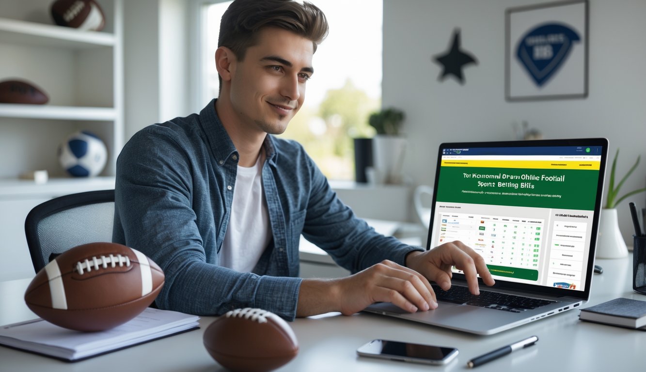 Seorang pria muda duduk di meja dengan laptop, melihat situs judi bola secara online di ruangan kantor rumah yang rapi.
