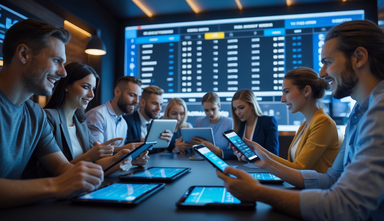 Orang-orang sedang melihat layar digital yang menampilkan peluang taruhan sepak bola dengan suasana ruang taruhan yang modern.