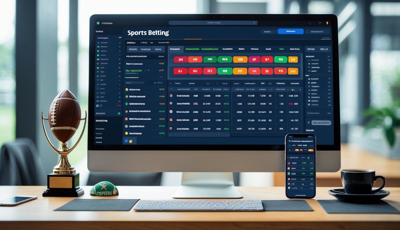 Sebuah meja kerja modern dengan komputer dan ponsel yang menampilkan antarmuka taruhan sepak bola, dikelilingi oleh trofi sepak bola dan bola di atas meja.