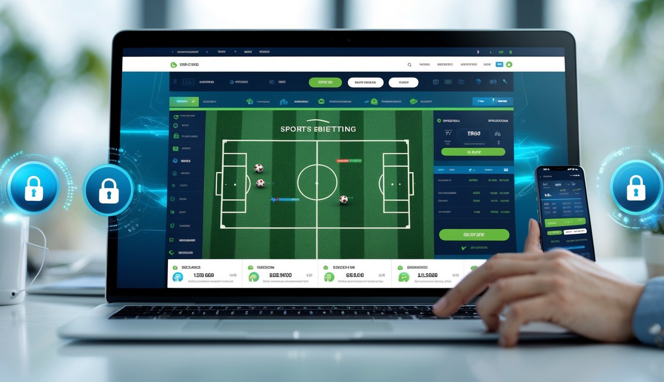 Seseorang menggunakan laptop dan smartphone untuk memasang taruhan bola secara online di lingkungan kerja yang rapi dan profesional.