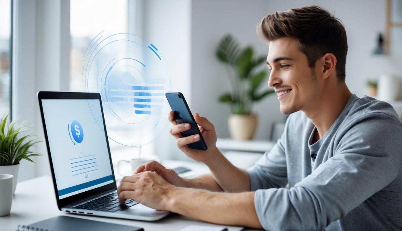 Seorang pria muda menggunakan ponsel dan laptop di ruang kerja modern yang terang dengan ekspresi puas.