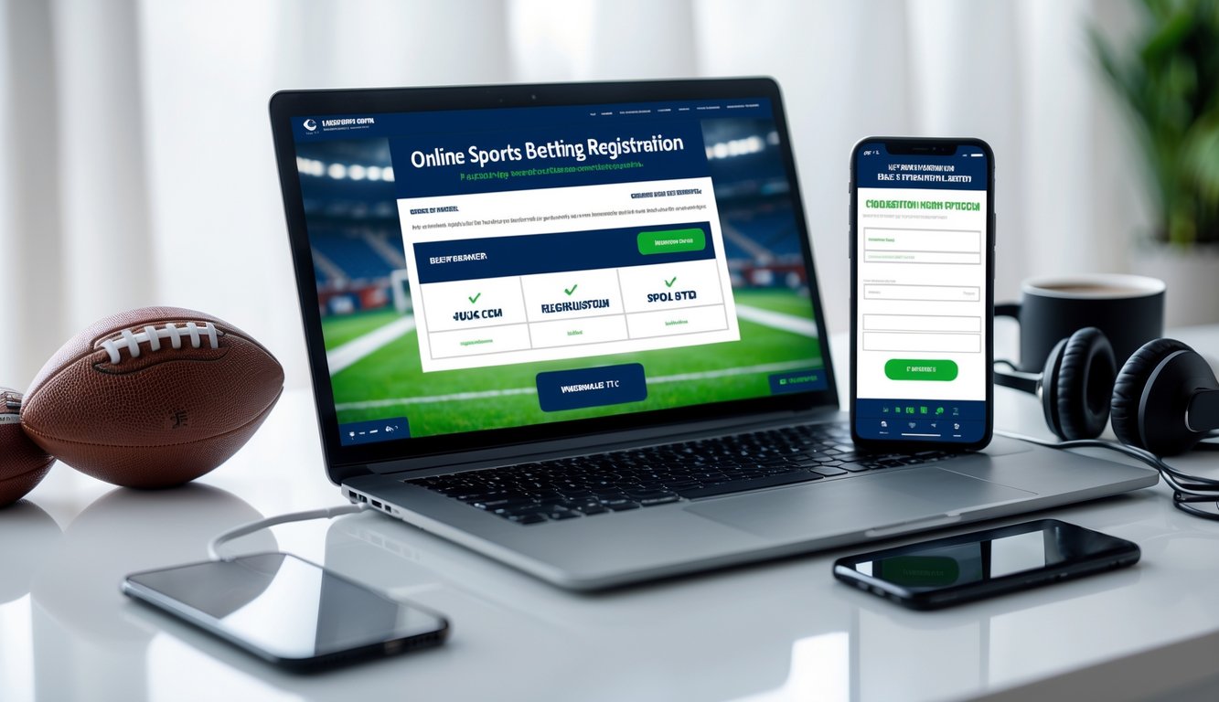 Meja kerja dengan laptop dan ponsel yang menampilkan halaman pendaftaran situs judi bola, dilengkapi dengan figur bola dan cangkir kopi.