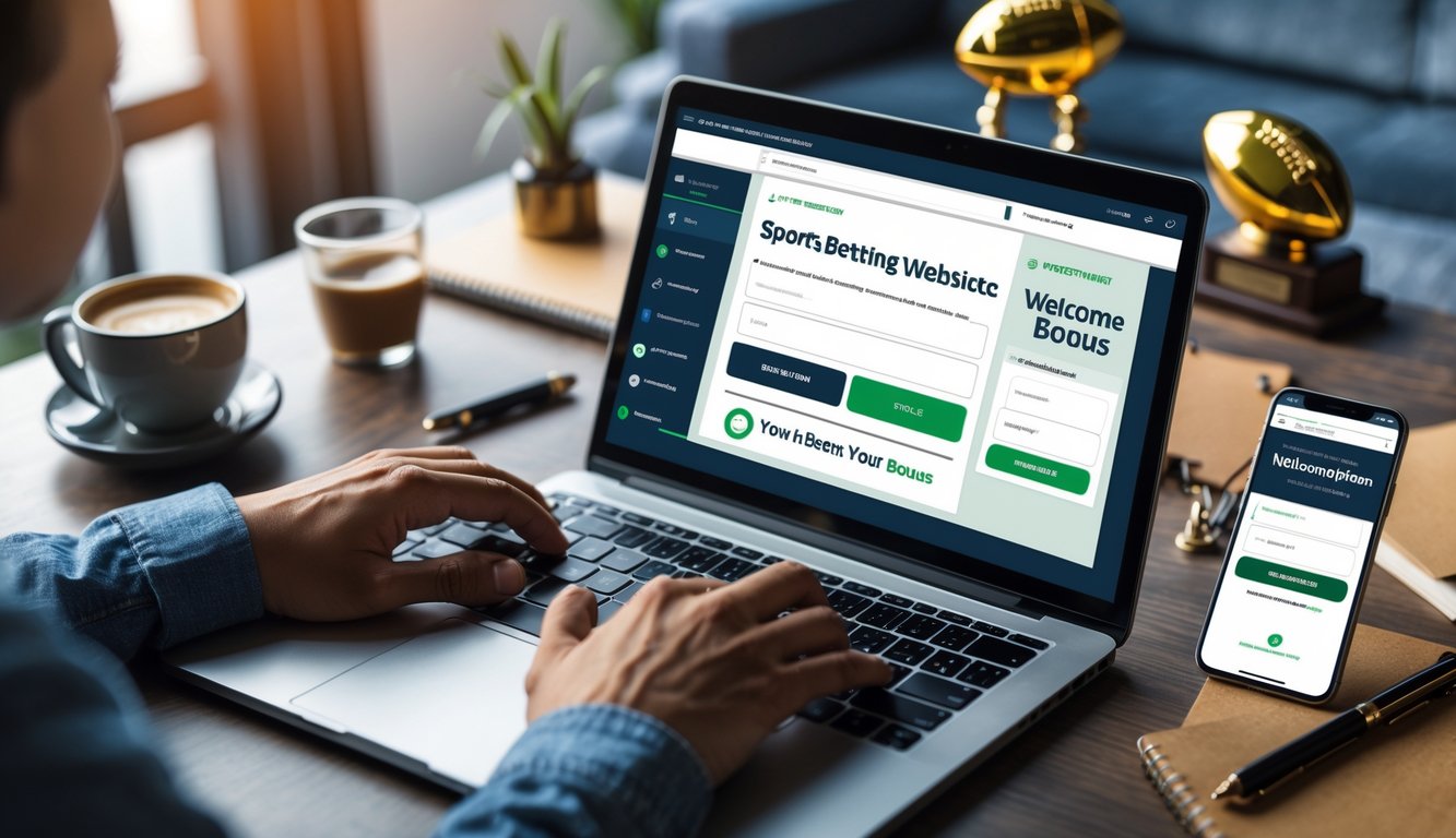 Tangan seseorang sedang mengetik di laptop dengan layar pendaftaran situs judi bola, di meja terdapat ponsel, cangkir kopi, bola sepak kecil, dan buku catatan.