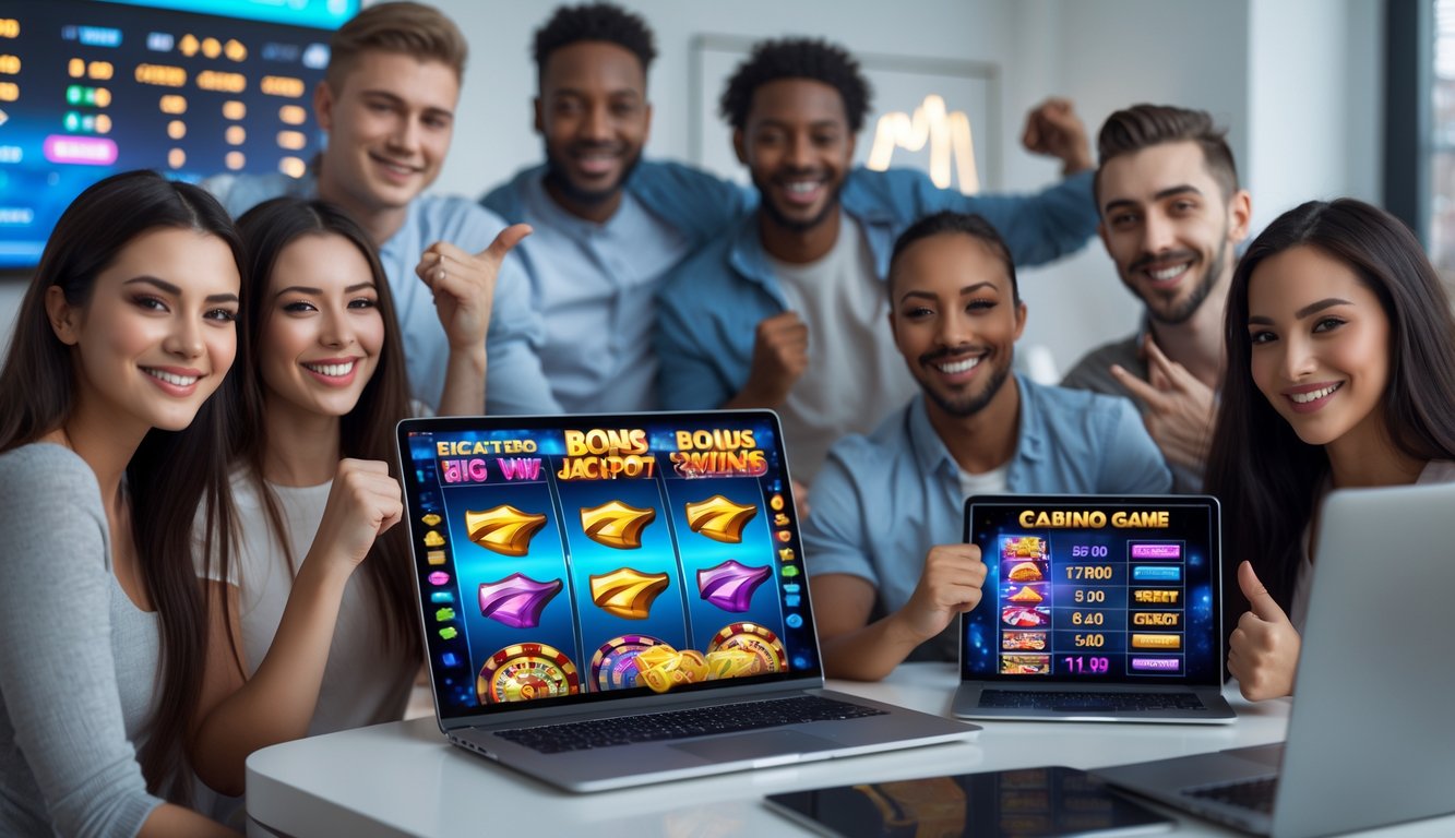Sekelompok orang muda yang percaya diri sedang berkumpul di sekitar laptop dengan tampilan permainan kasino online yang berwarna-warni, menunjukkan suasana kegembiraan dan kemenangan.
