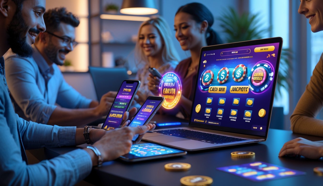 Sekelompok orang menggunakan perangkat digital untuk bermain judi online dengan suasana yang ceria dan percaya diri.
