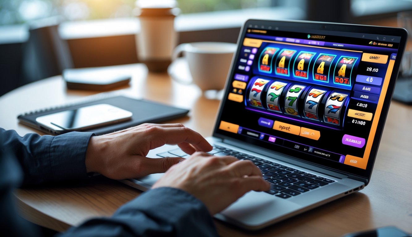 Seseorang menggunakan laptop dengan tampilan permainan kasino online di meja kerja yang rapi.