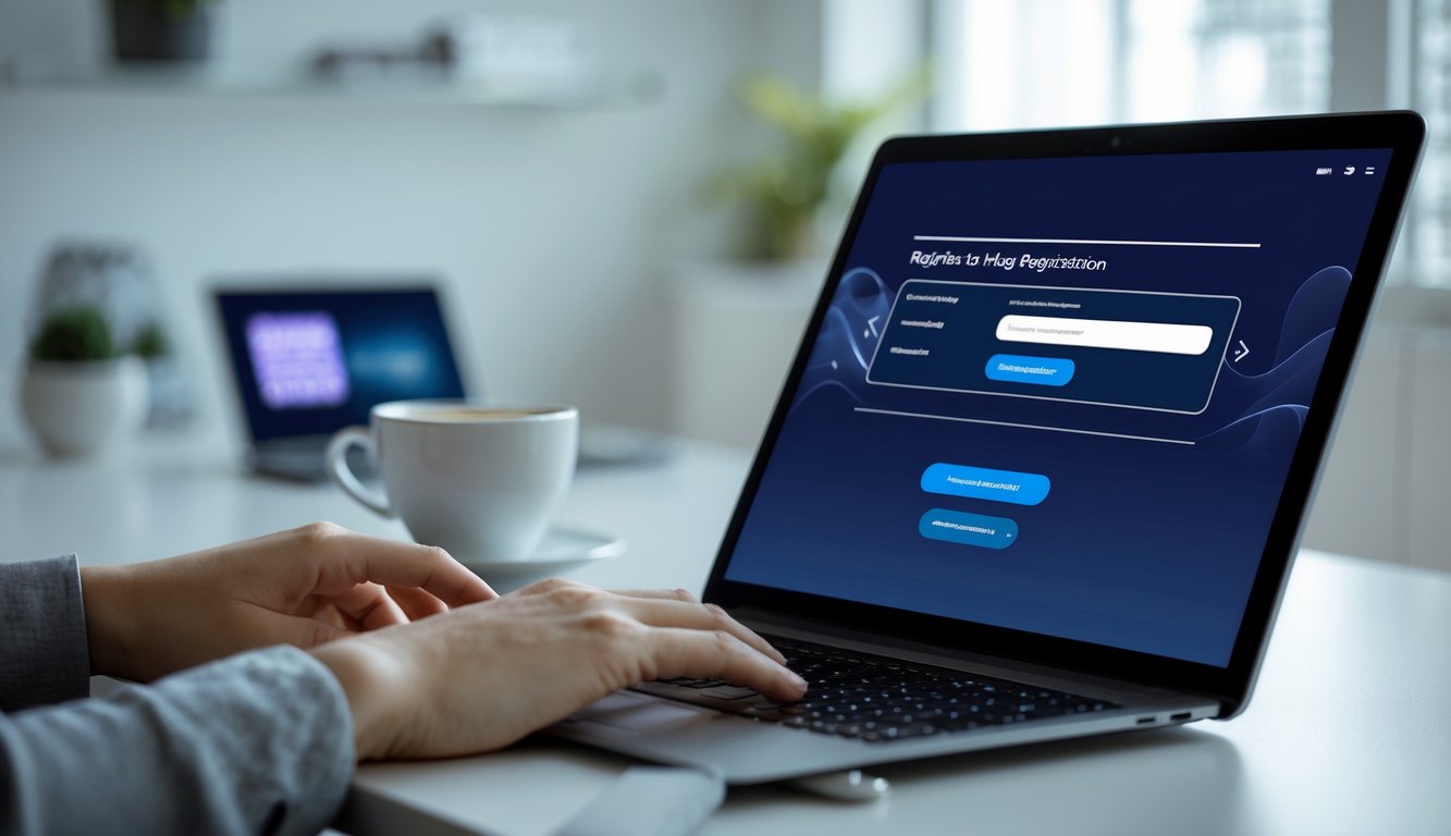 Seseorang sedang menggunakan laptop di meja kerja modern untuk mendaftar secara online dengan latar belakang kantor yang rapi.