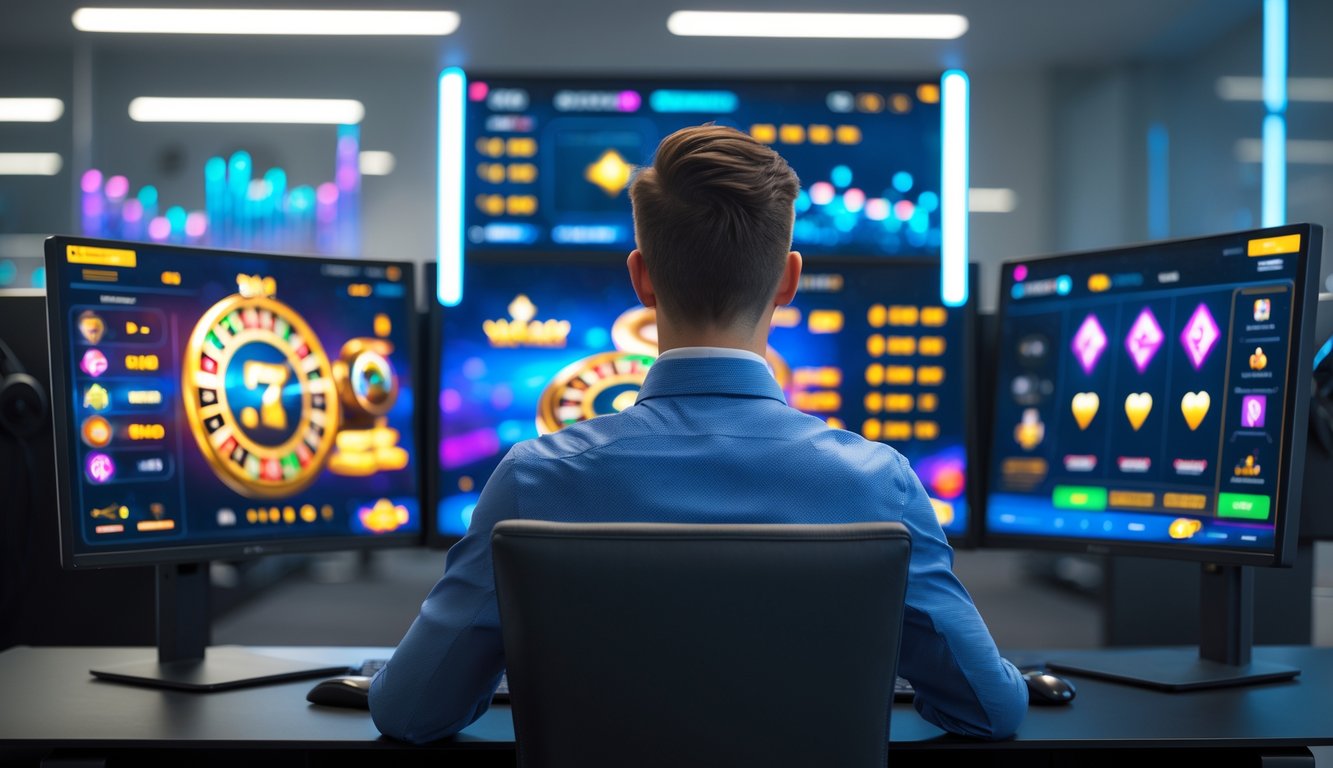 Seorang pria muda duduk di depan komputer dengan layar menampilkan permainan kasino online dan grafik kemenangan di ruang kantor modern.