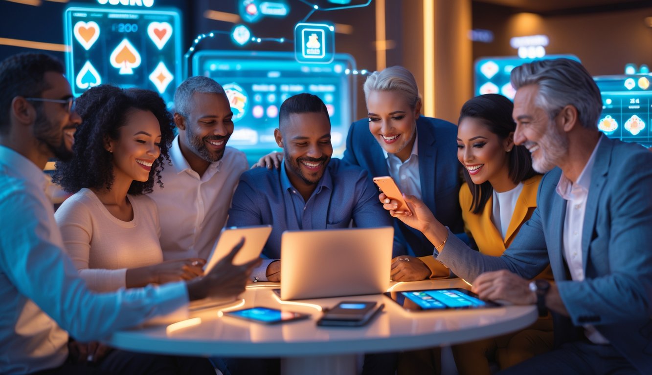 Sekelompok orang dewasa yang bahagia menggunakan perangkat digital untuk bermain permainan judi online di ruangan modern.