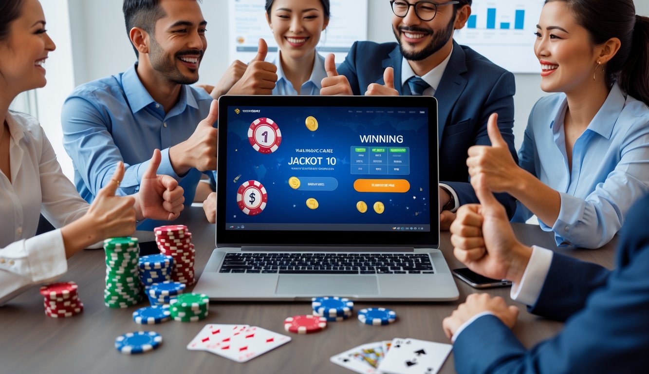 Beberapa orang merayakan kemenangan di depan laptop yang menampilkan situs judi online dengan kartu dan chip poker di meja.