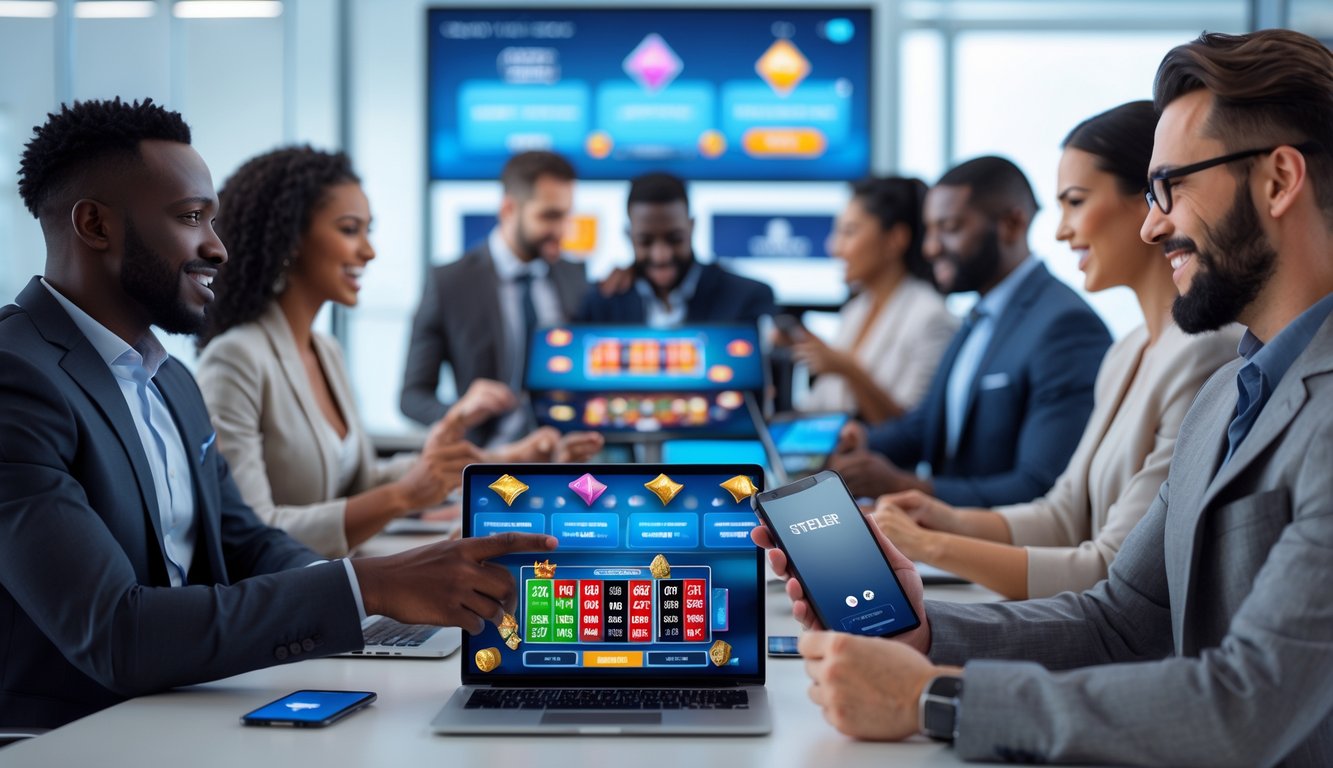 Sekelompok orang menggunakan perangkat digital untuk bermain permainan judi online di lingkungan yang profesional dan terpercaya.