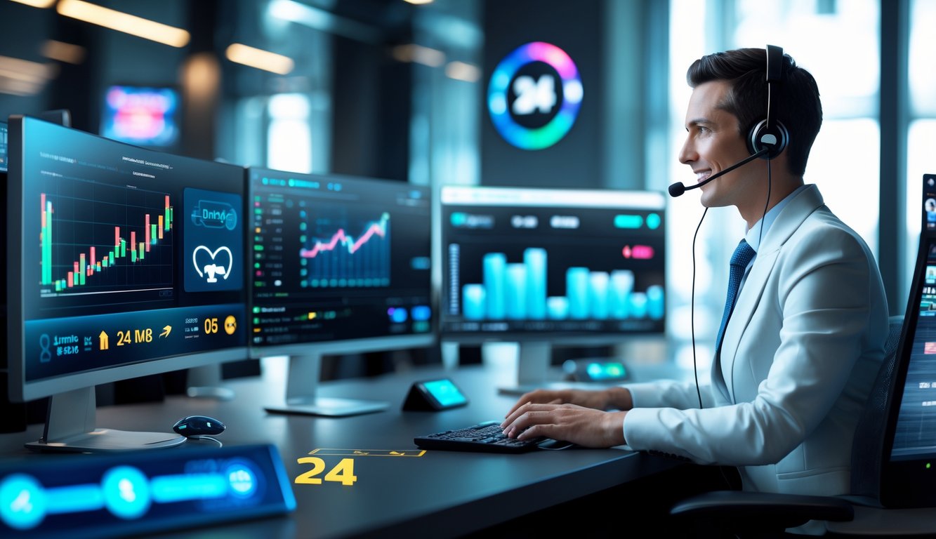 Seorang agen layanan pelanggan profesional sedang bekerja di kantor modern dengan beberapa layar komputer dan ikon transaksi digital.