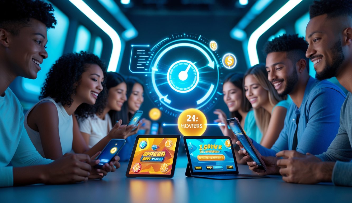 Sekelompok orang muda menggunakan perangkat digital untuk bermain judi online dengan suasana yang modern dan cerah.