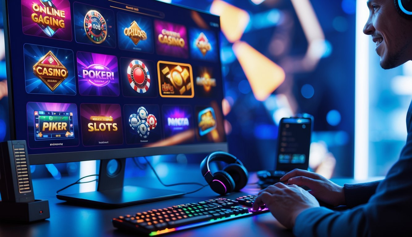 Seseorang menggunakan komputer dengan tampilan permainan judi online yang berwarna-warni di layar.