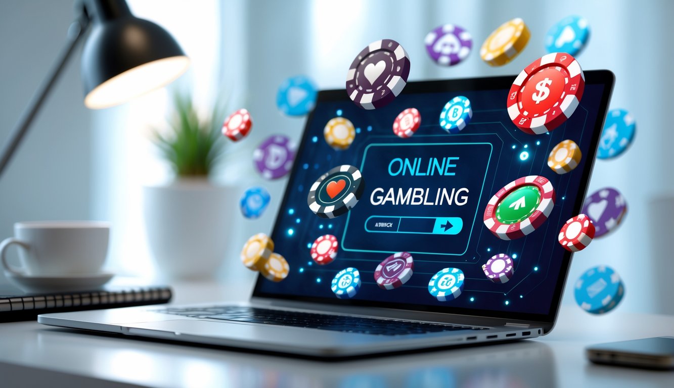 Seorang pengguna sedang melihat layar laptop dengan ikon permainan kasino online yang berwarna-warni di meja kerja yang rapi.